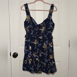 Arden B Navy Yellow Floral Tiered Mini Dress Ruffle Strap Juniors Large